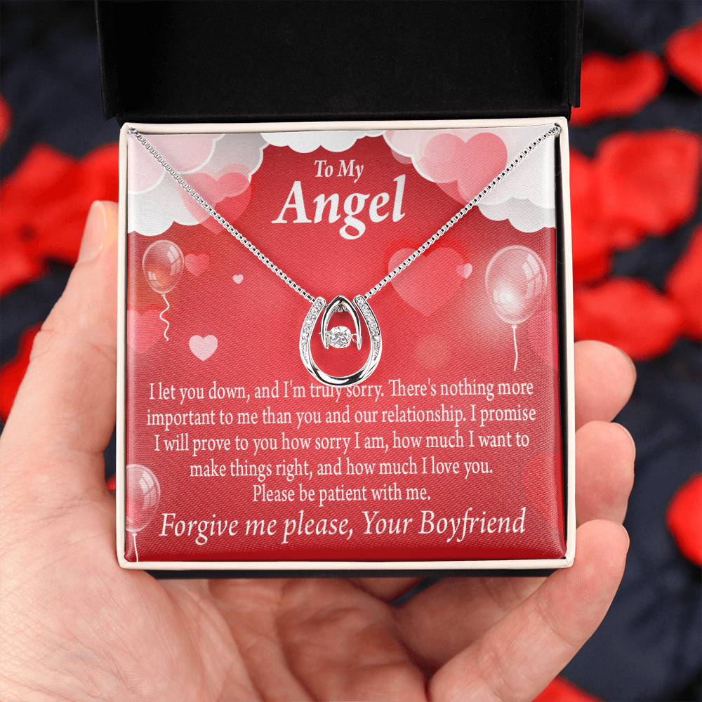 To my Girlfriend Forgive Me Lucky Horseshoe Necklace Message Card 14k w CZ Crystals-Express Your Love Gifts