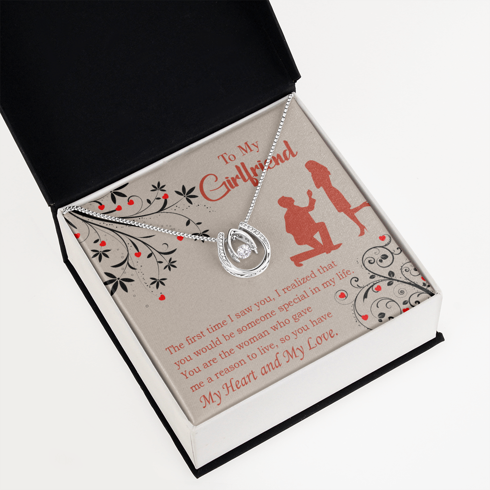 To My Girlfriend Heart and Love Lucky Horseshoe Necklace Message Card 14k w CZ Crystals-Express Your Love Gifts