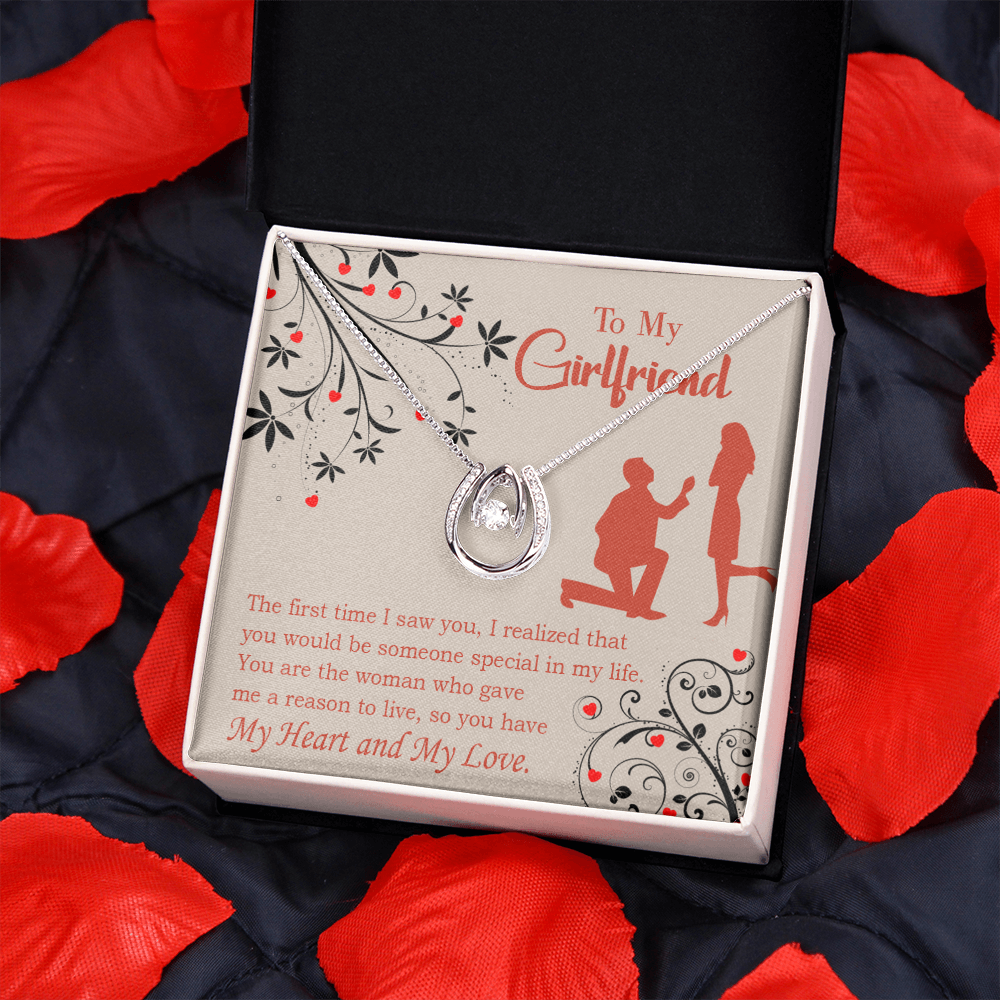 To My Girlfriend Heart and Love Lucky Horseshoe Necklace Message Card 14k w CZ Crystals-Express Your Love Gifts