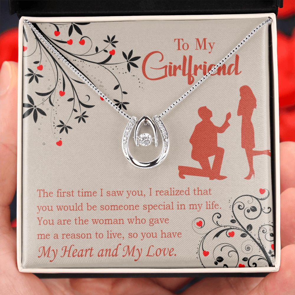 To My Girlfriend Heart and Love Lucky Horseshoe Necklace Message Card 14k w CZ Crystals-Express Your Love Gifts