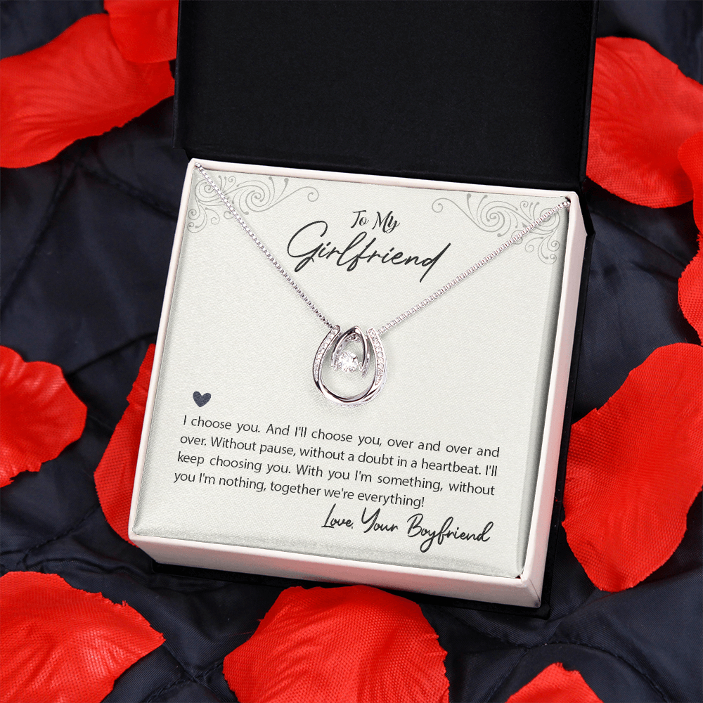 To My Girlfriend I Choose You Lucky Horseshoe Necklace Message Card 14k w CZ Crystals-Express Your Love Gifts