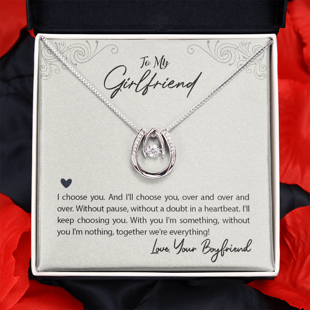 To My Girlfriend I Choose You Lucky Horseshoe Necklace Message Card 14k w CZ Crystals-Express Your Love Gifts