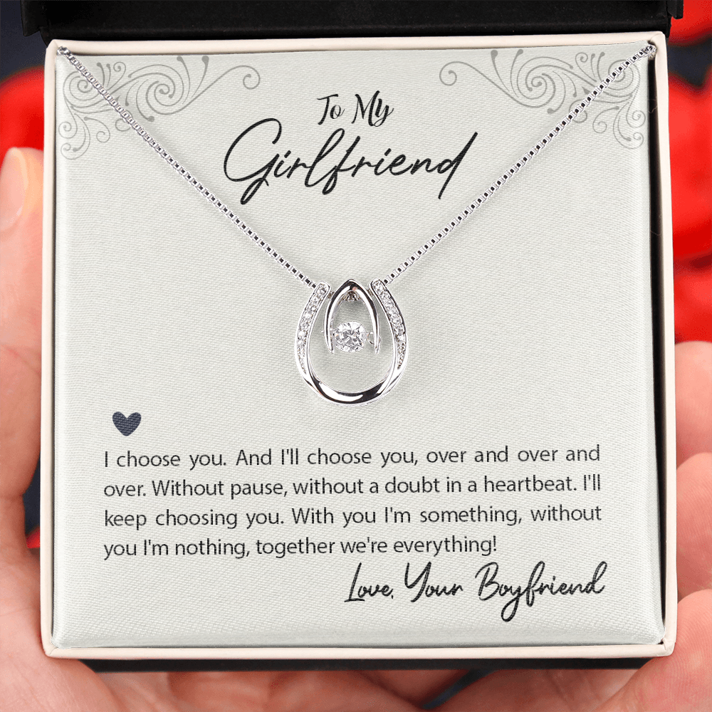 To My Girlfriend I Choose You Lucky Horseshoe Necklace Message Card 14k w CZ Crystals-Express Your Love Gifts