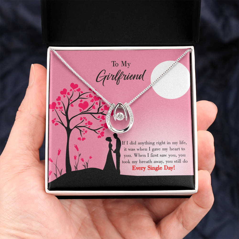 To My Girlfriend I Gave my Heart to You Lucky Horseshoe Necklace Message Card 14k w CZ Crystals-Express Your Love Gifts