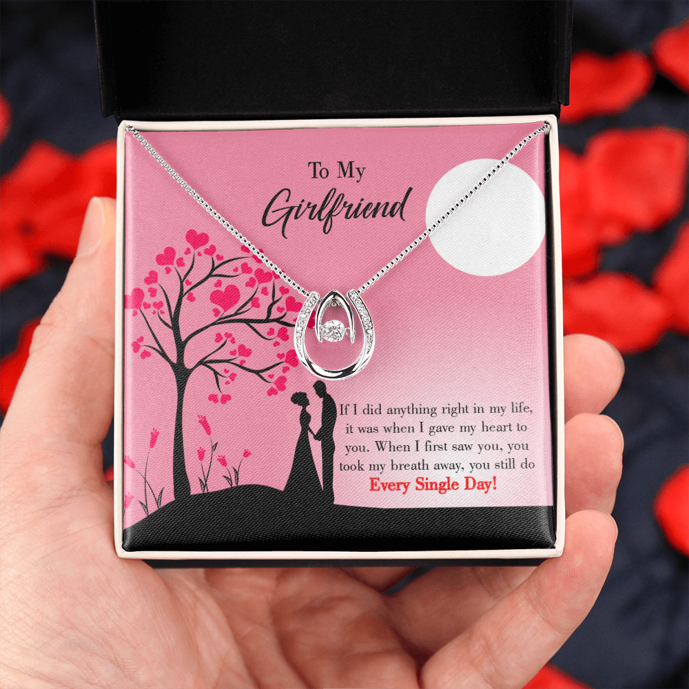 To My Girlfriend I Gave my Heart to You Lucky Horseshoe Necklace Message Card 14k w CZ Crystals-Express Your Love Gifts