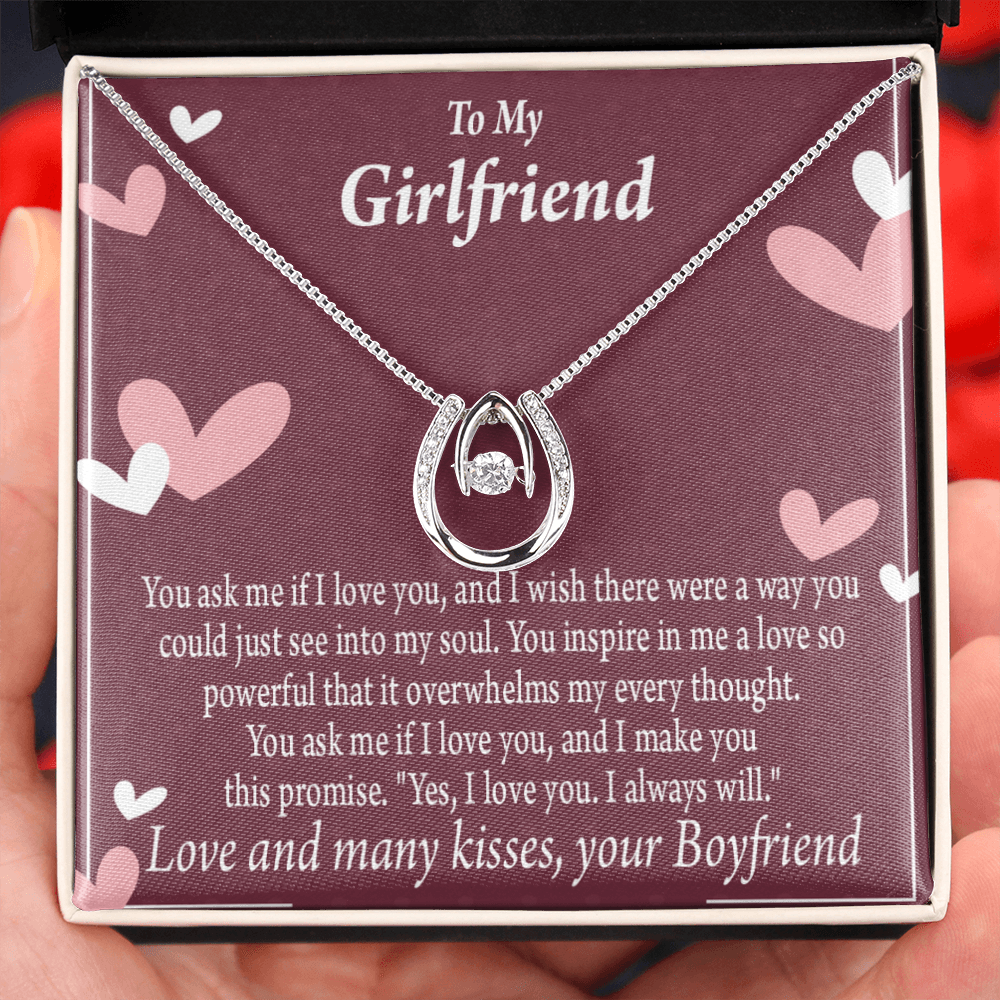 To My Girlfriend I Love You And I Always Will Lucky Horseshoe Necklace Message Card 14k w CZ Crystals-Express Your Love Gifts