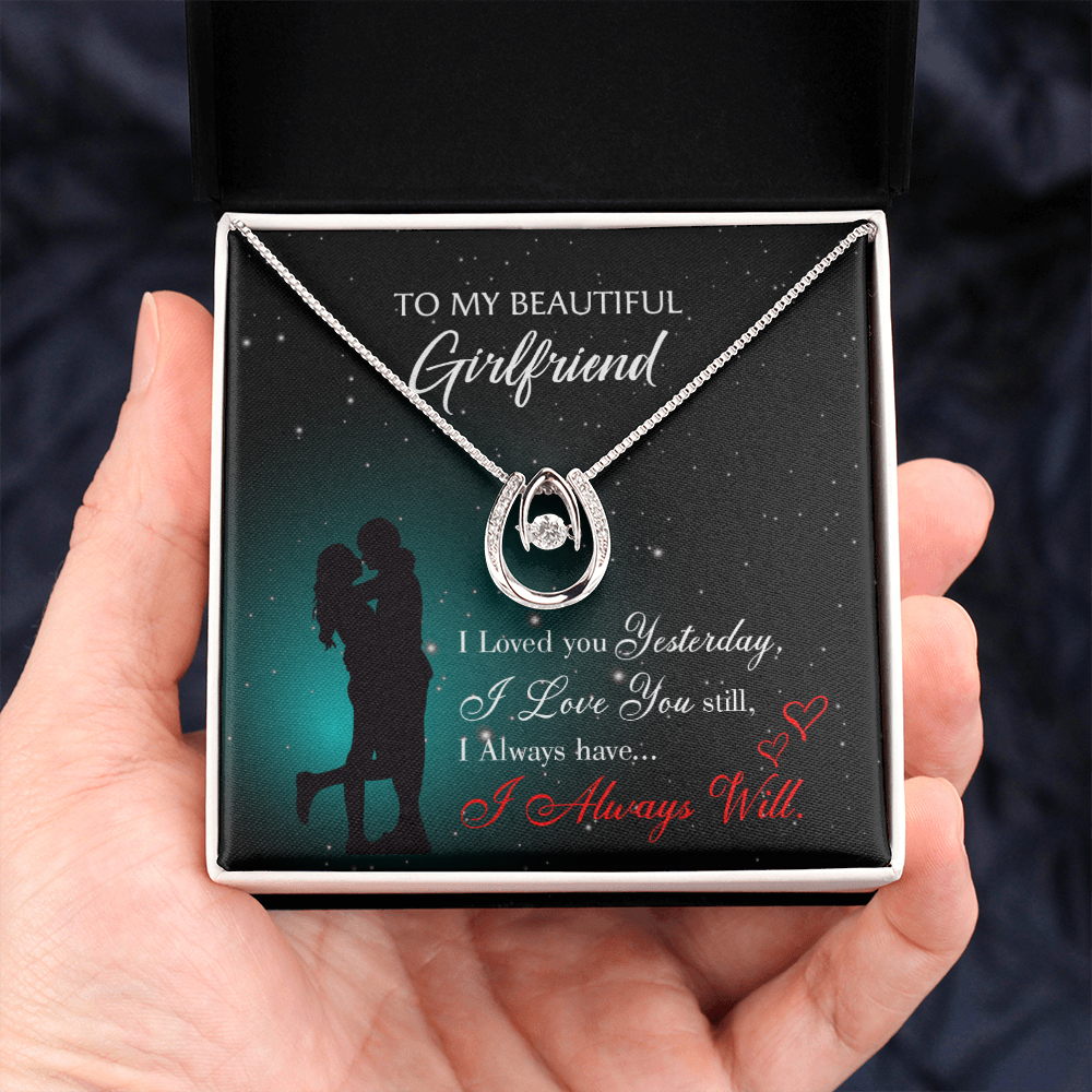 To My Girlfriend I Love You Forever Lucky Horseshoe Necklace Message Card 14k w CZ Crystals-Express Your Love Gifts