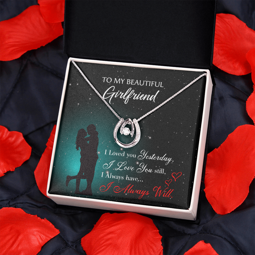 To My Girlfriend I Love You Forever Lucky Horseshoe Necklace Message Card 14k w CZ Crystals-Express Your Love Gifts