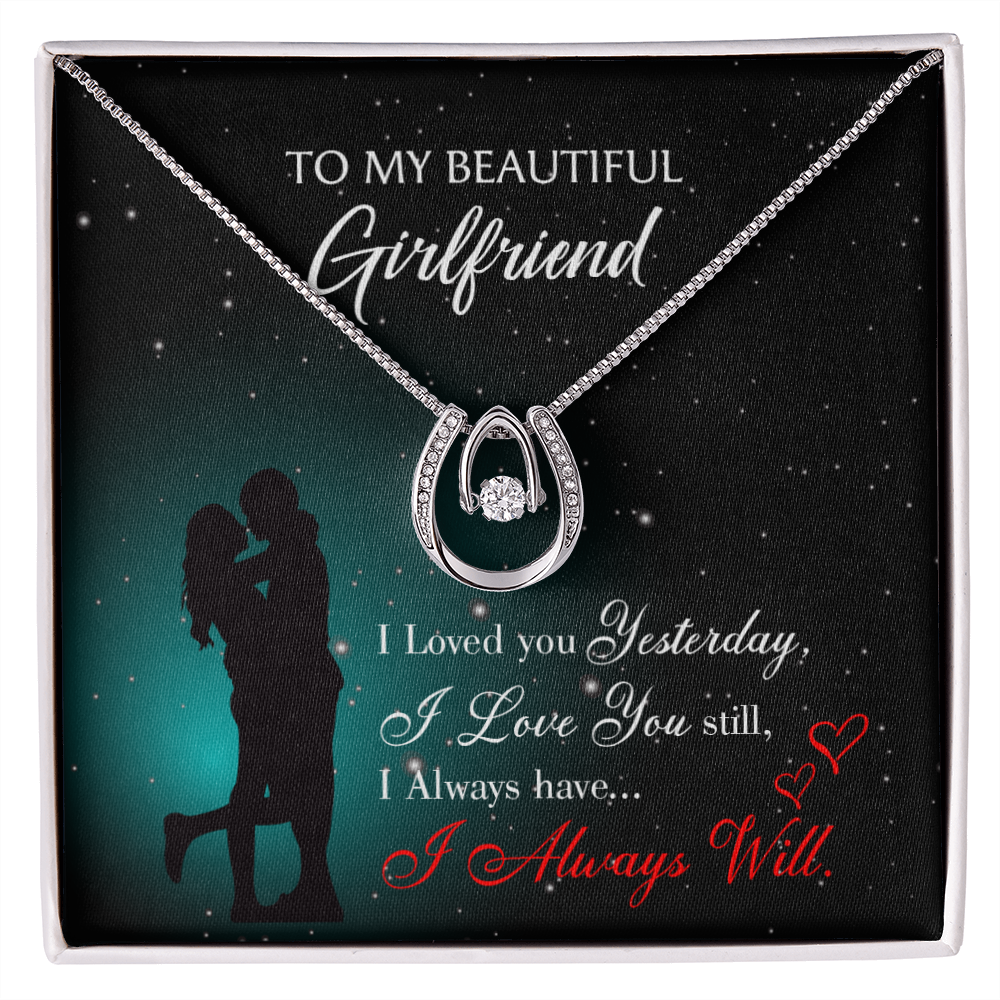 To My Girlfriend I Love You Forever Lucky Horseshoe Necklace Message Card 14k w CZ Crystals-Express Your Love Gifts