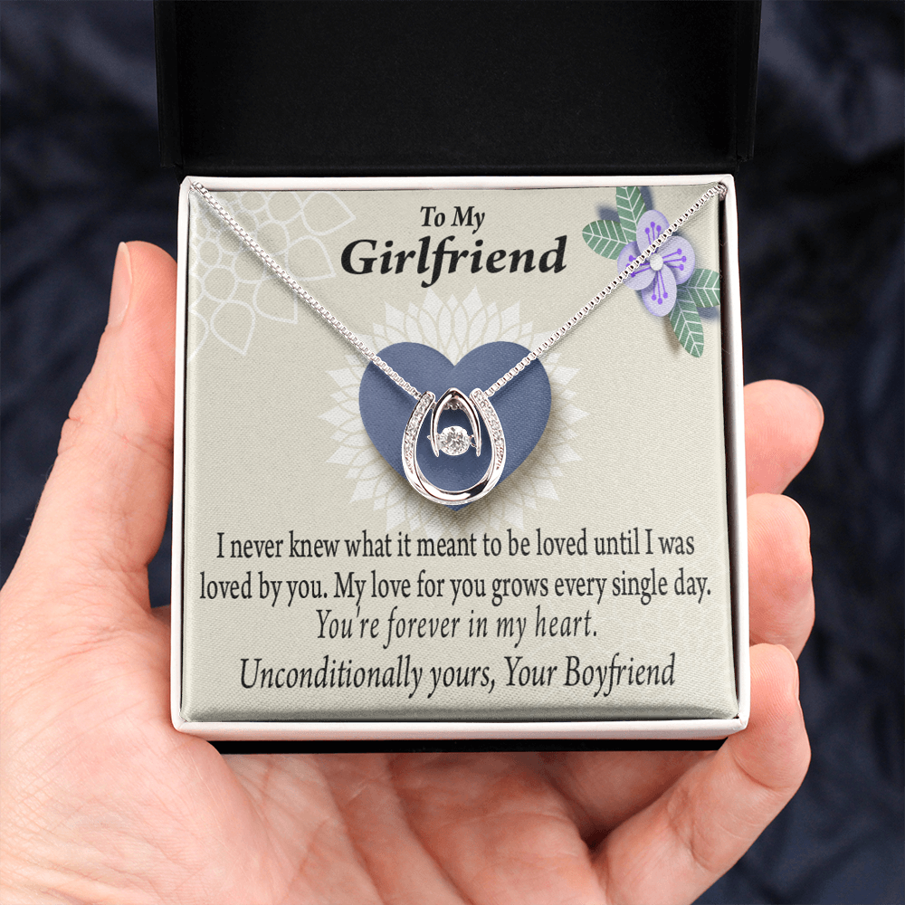 To My Girlfriend I Love You More Every Day Lucky Horseshoe Necklace Message Card 14k w CZ Crystals-Express Your Love Gifts