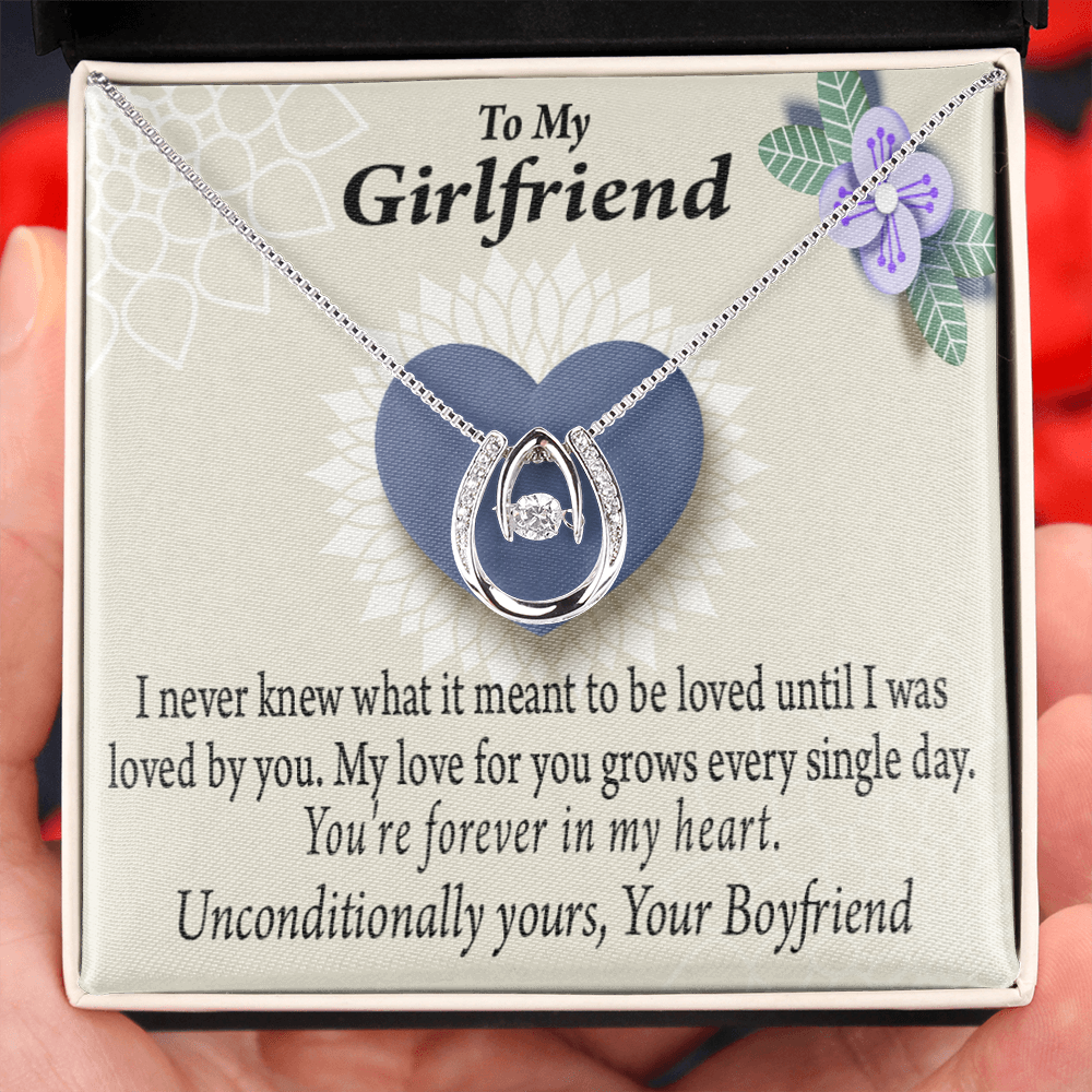 To My Girlfriend I Love You More Every Day Lucky Horseshoe Necklace Message Card 14k w CZ Crystals-Express Your Love Gifts