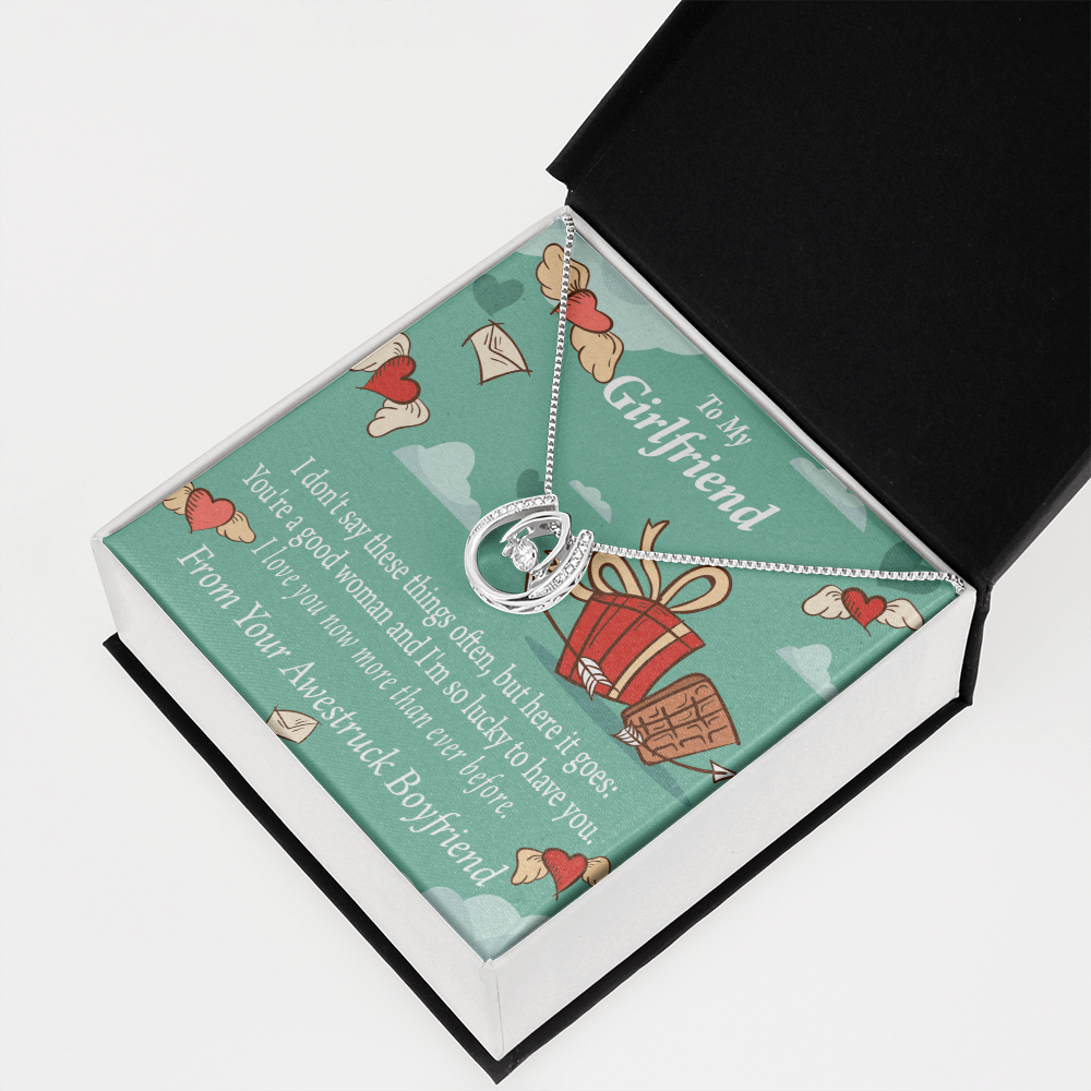To My Girlfriend I Love You Now More Than Ever Lucky Horseshoe Necklace Message Card 14k w CZ Crystals-Express Your Love Gifts