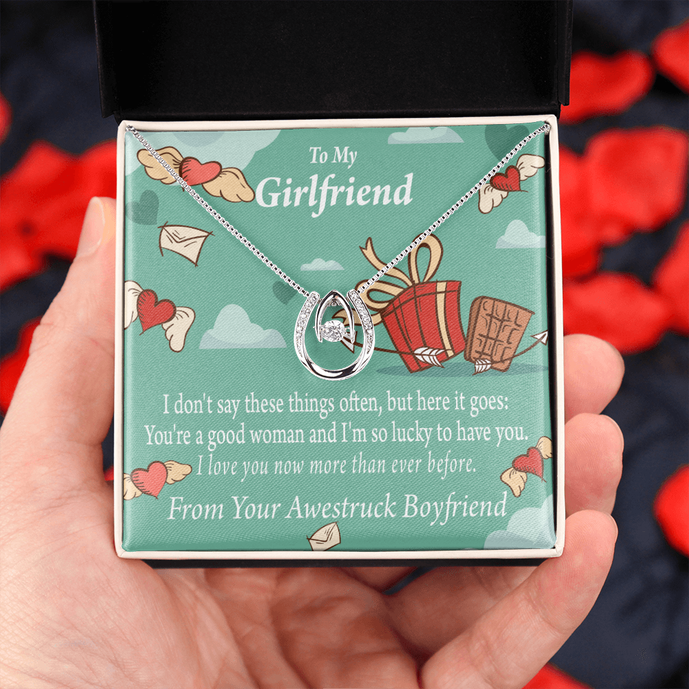 To My Girlfriend I Love You Now More Than Ever Lucky Horseshoe Necklace Message Card 14k w CZ Crystals-Express Your Love Gifts