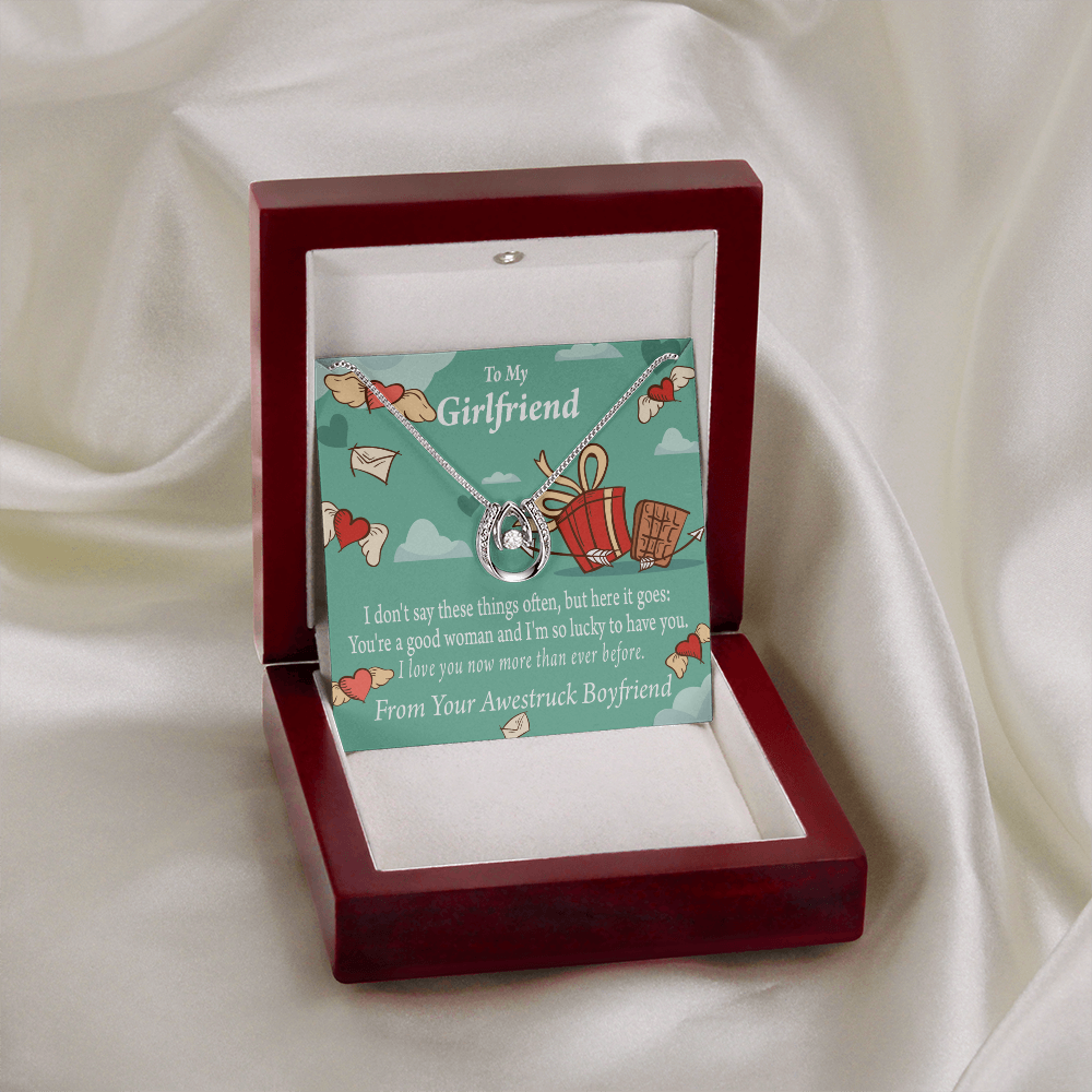 To My Girlfriend I Love You Now More Than Ever Lucky Horseshoe Necklace Message Card 14k w CZ Crystals-Express Your Love Gifts