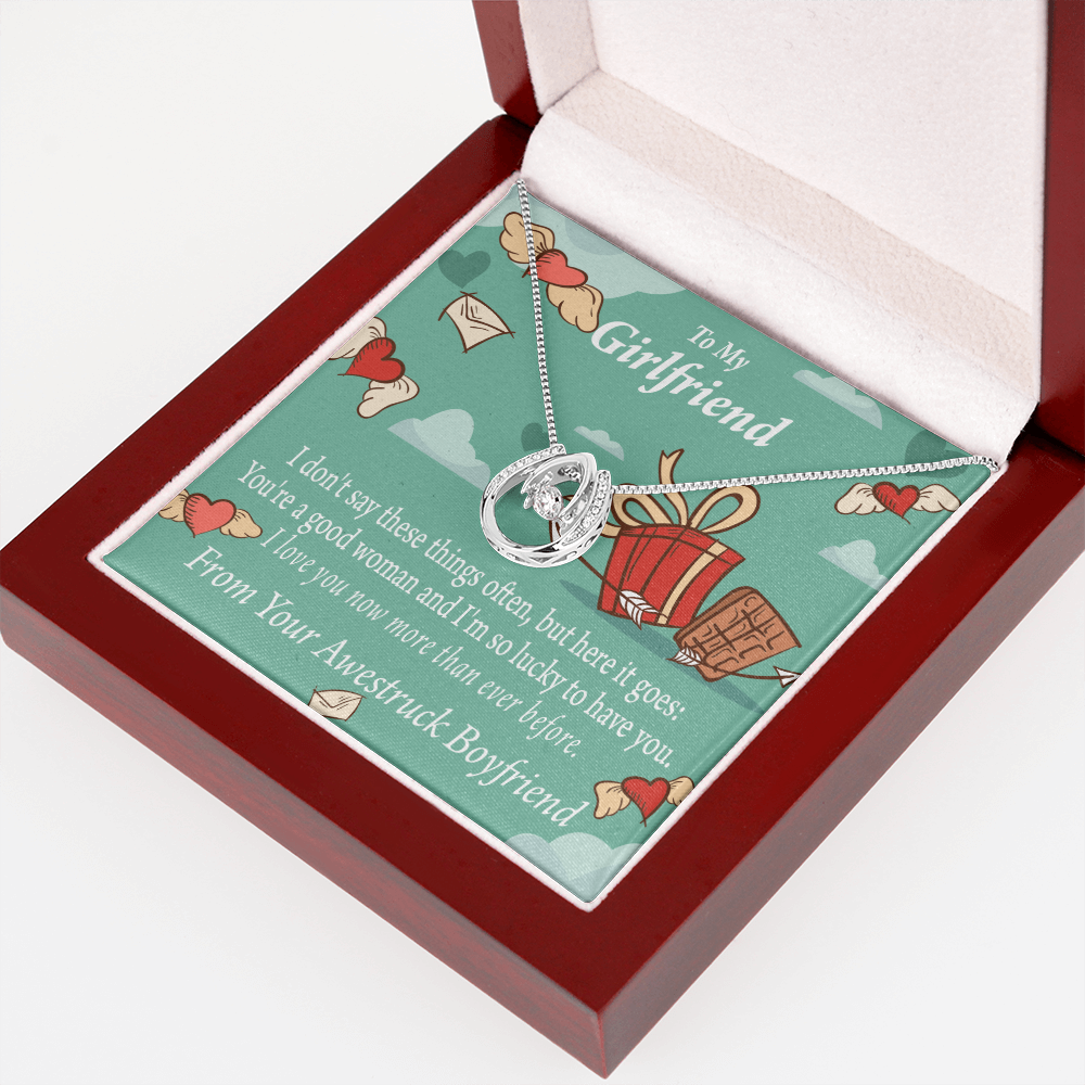 To My Girlfriend I Love You Now More Than Ever Lucky Horseshoe Necklace Message Card 14k w CZ Crystals-Express Your Love Gifts