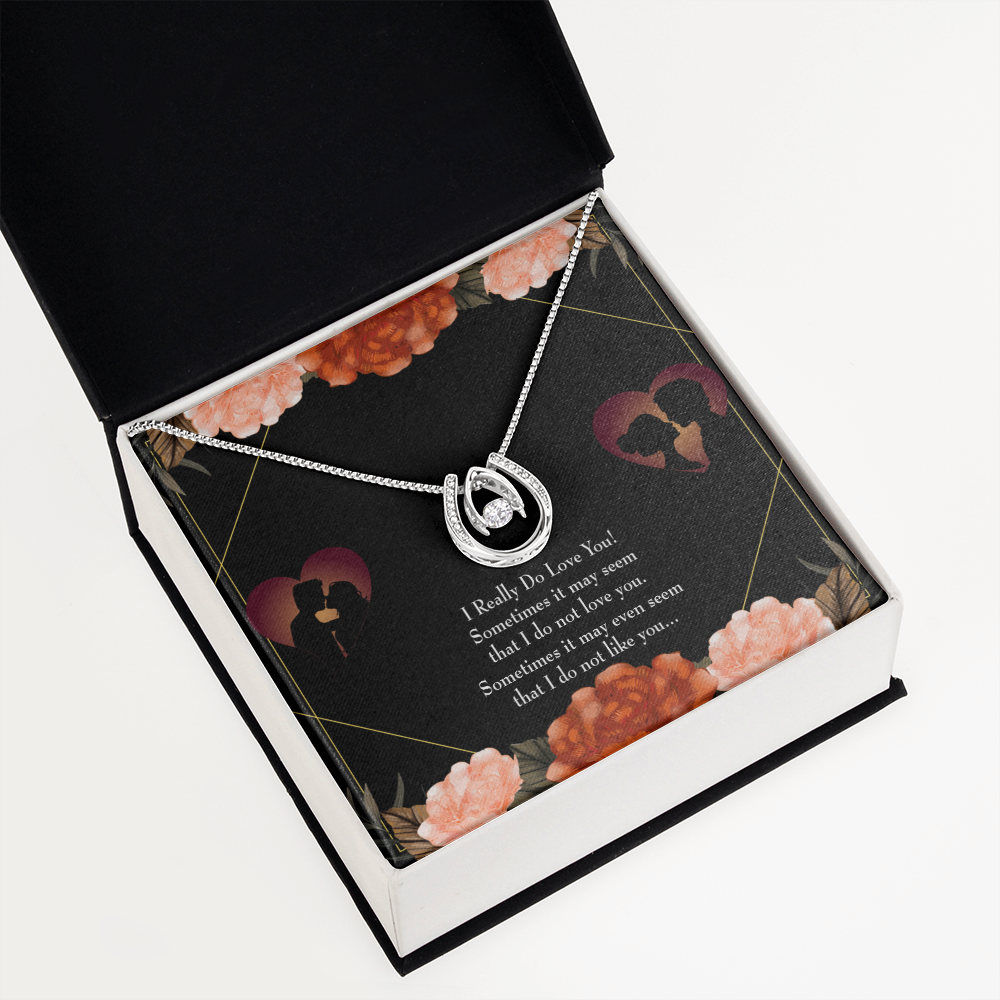 To My Girlfriend I Really Love You Lucky Horseshoe Necklace Message Card 14k w CZ Crystals-Express Your Love Gifts