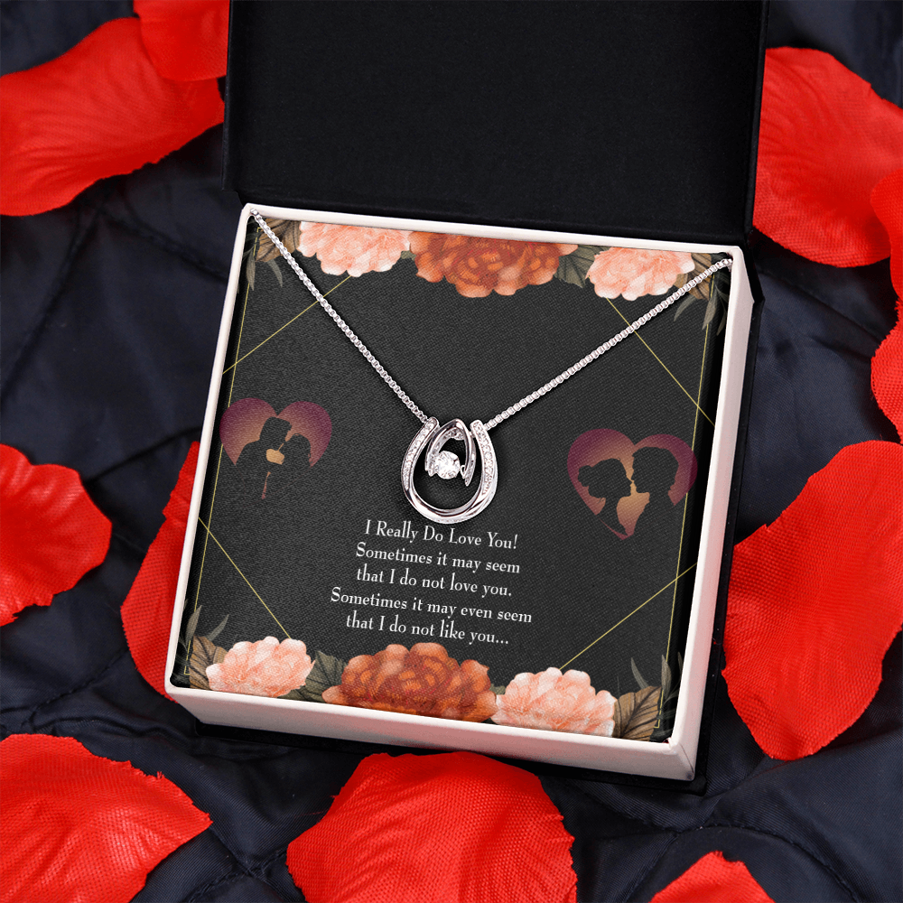 To My Girlfriend I Really Love You Lucky Horseshoe Necklace Message Card 14k w CZ Crystals-Express Your Love Gifts