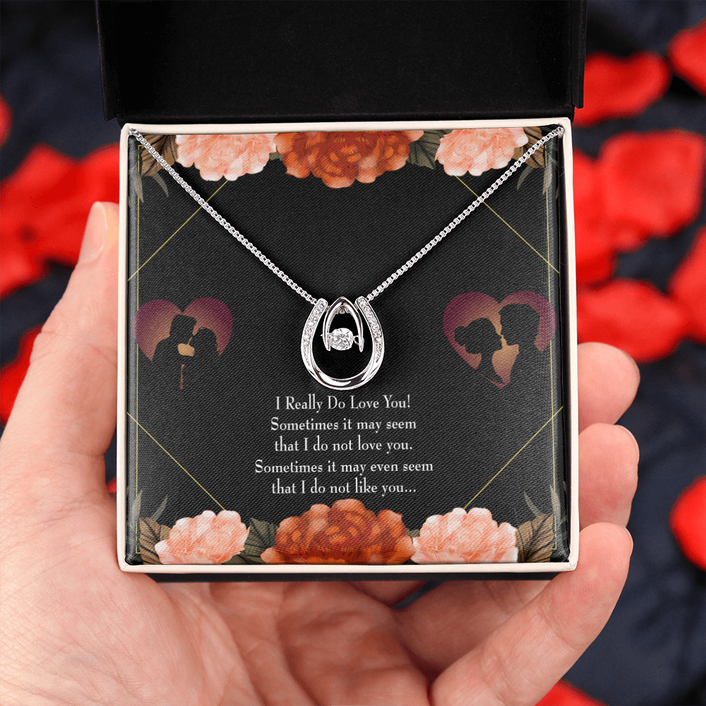 To My Girlfriend I Really Love You Lucky Horseshoe Necklace Message Card 14k w CZ Crystals-Express Your Love Gifts