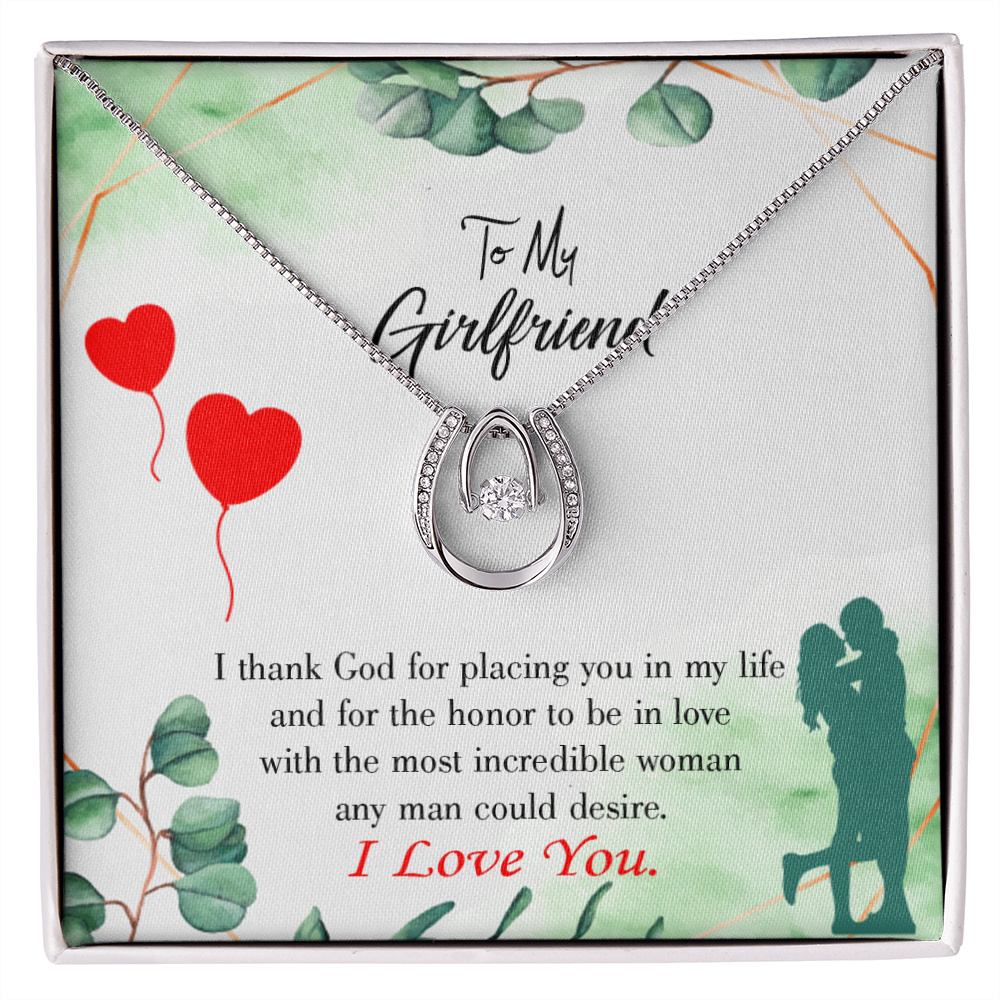 To My Girlfriend I Thank God Lucky Horseshoe Necklace Message Card 14k w CZ Crystals-Express Your Love Gifts