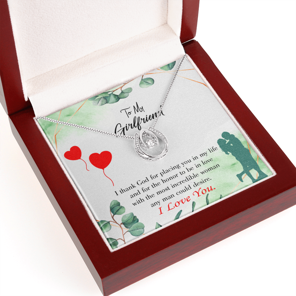 To My Girlfriend I Thank God Lucky Horseshoe Necklace Message Card 14k w CZ Crystals-Express Your Love Gifts