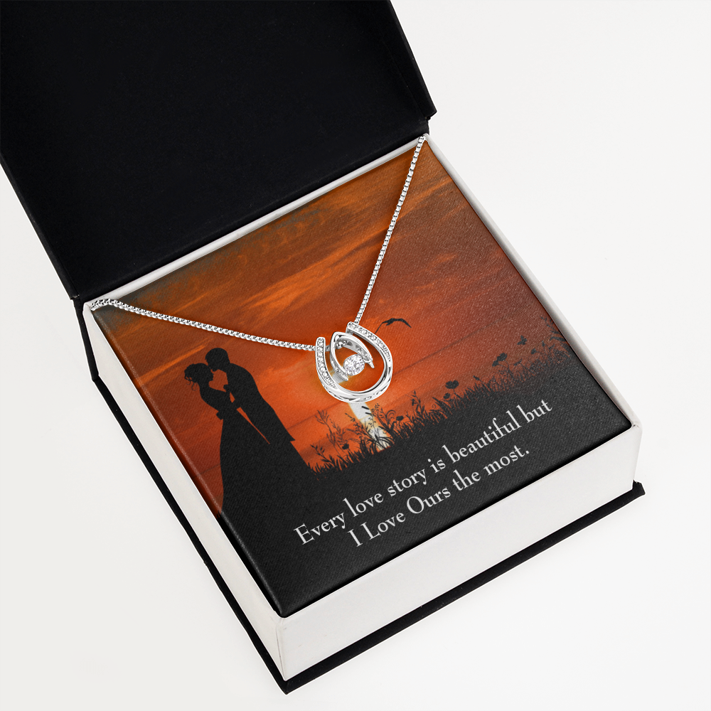 To My Girlfriend Love Our Story Lucky Horseshoe Necklace Message Card 14k w CZ Crystals-Express Your Love Gifts