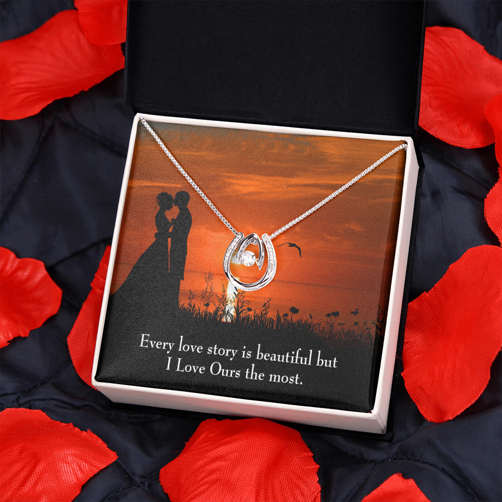 To My Girlfriend Love Our Story Lucky Horseshoe Necklace Message Card 14k w CZ Crystals-Express Your Love Gifts