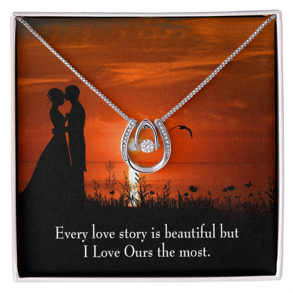 To My Girlfriend Love Our Story Lucky Horseshoe Necklace Message Card 14k w CZ Crystals-Express Your Love Gifts