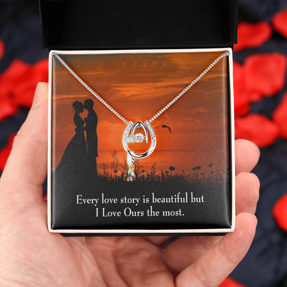 To My Girlfriend Love Our Story Lucky Horseshoe Necklace Message Card 14k w CZ Crystals-Express Your Love Gifts