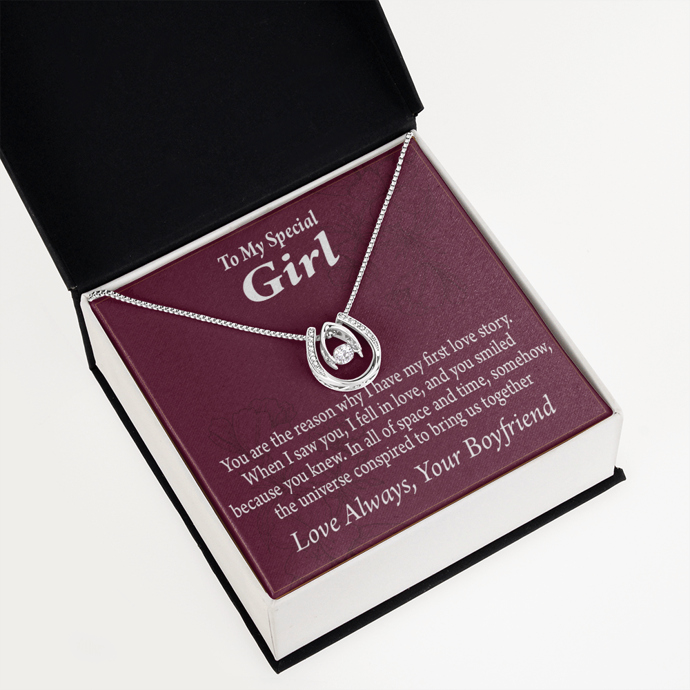 To My Girlfriend Love Story Lucky Horseshoe Necklace Message Card 14k w CZ Crystals-Express Your Love Gifts