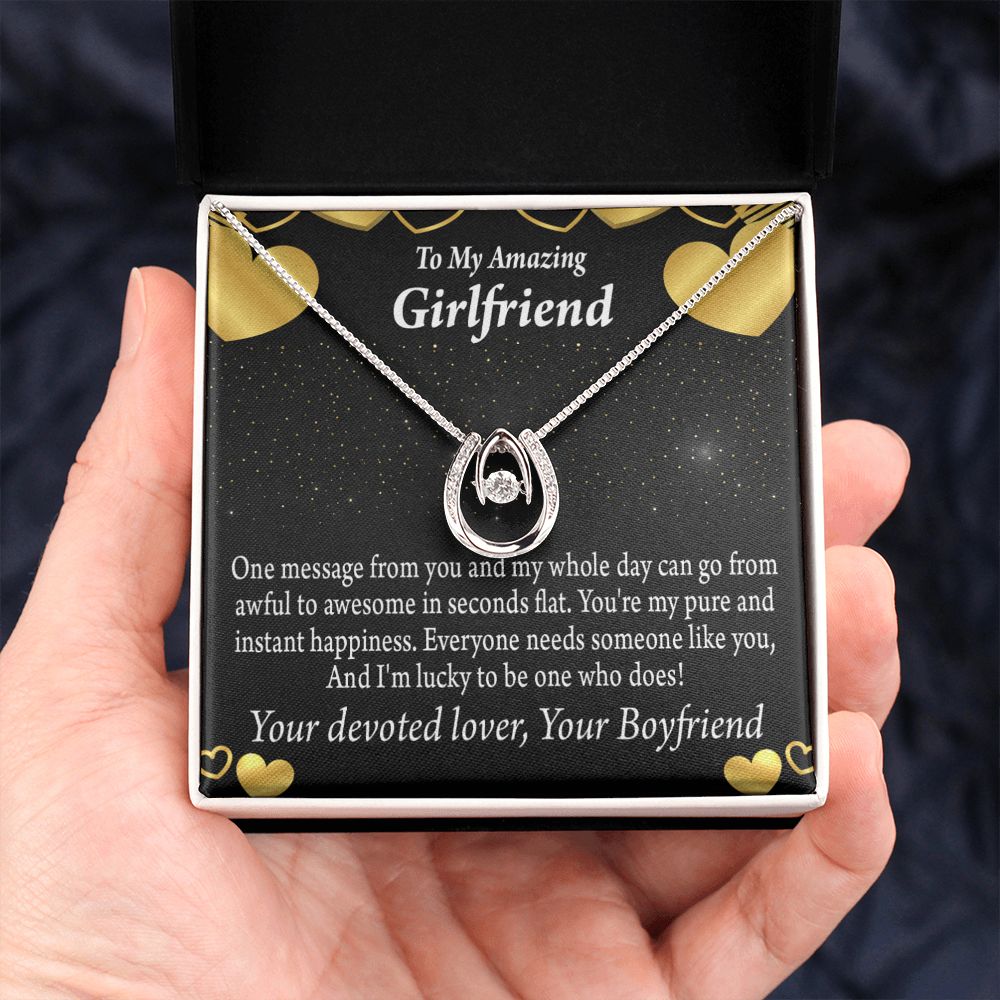 To My Girlfriend Lucky To Have You Lucky Horseshoe Necklace Message Card 14k w CZ Crystals-Express Your Love Gifts