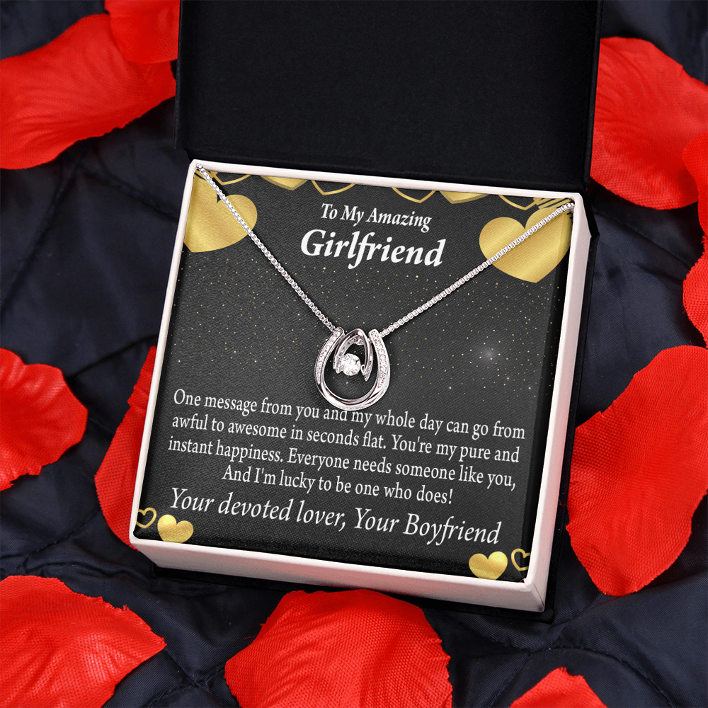 To My Girlfriend Lucky To Have You Lucky Horseshoe Necklace Message Card 14k w CZ Crystals-Express Your Love Gifts