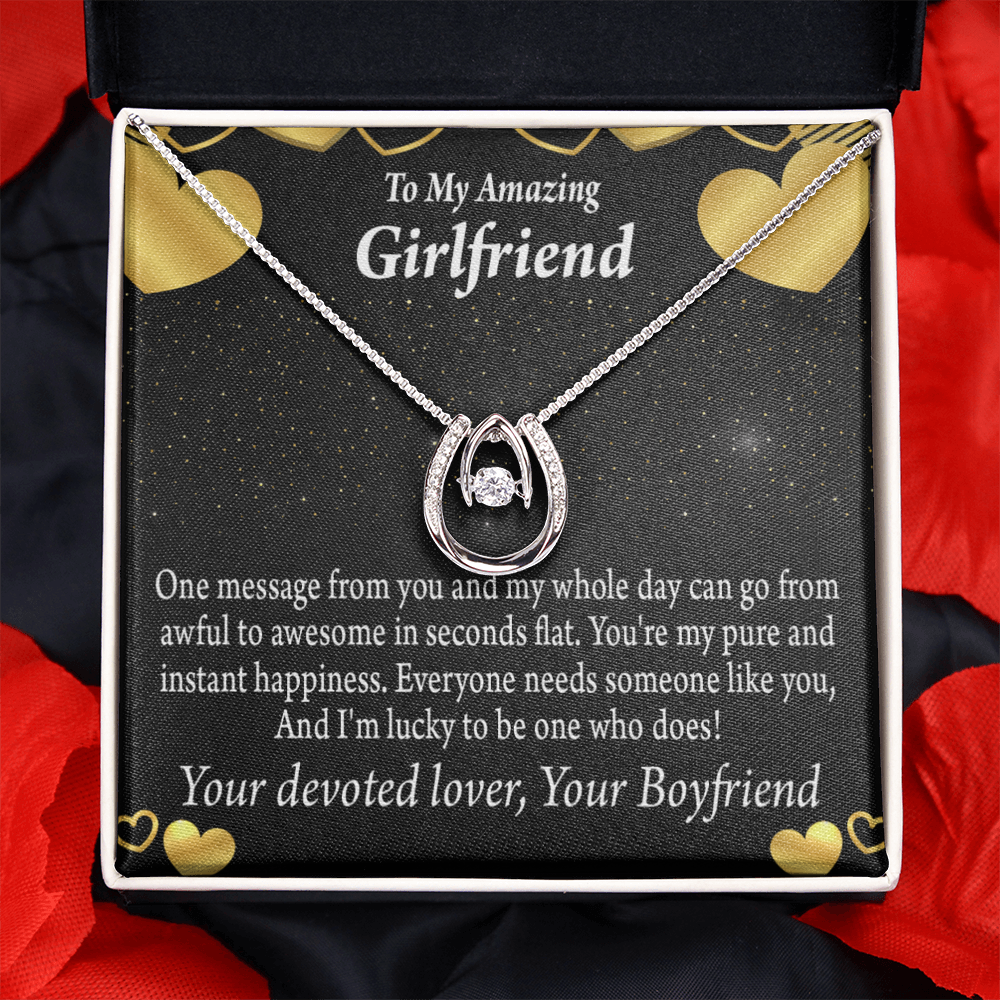 To My Girlfriend Lucky To Have You Lucky Horseshoe Necklace Message Card 14k w CZ Crystals-Express Your Love Gifts