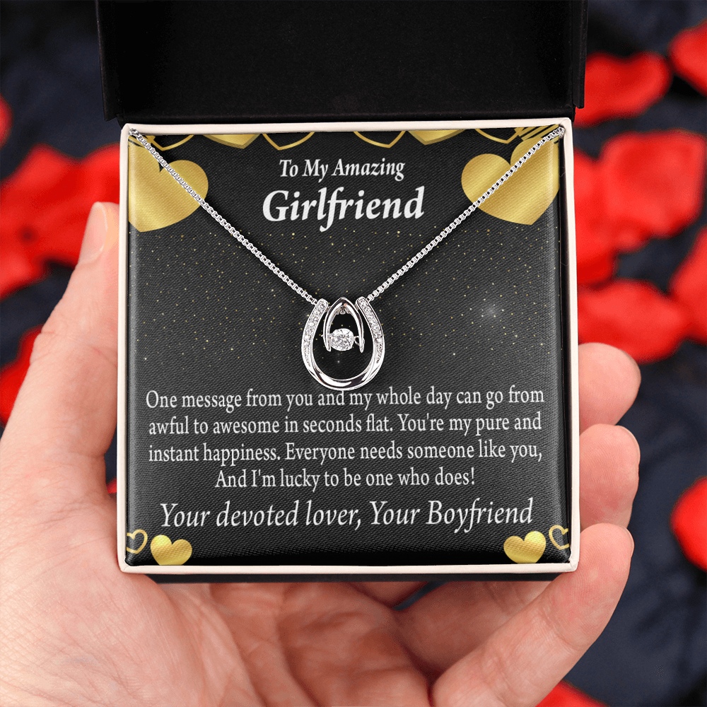 To My Girlfriend Lucky To Have You Lucky Horseshoe Necklace Message Card 14k w CZ Crystals-Express Your Love Gifts
