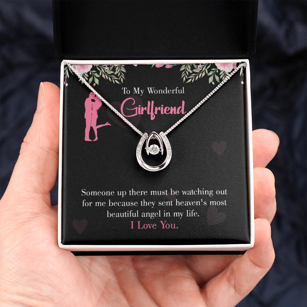To My Girlfriend Most Beautiful Angel Lucky Horseshoe Necklace Message Card 14k w CZ Crystals-Express Your Love Gifts