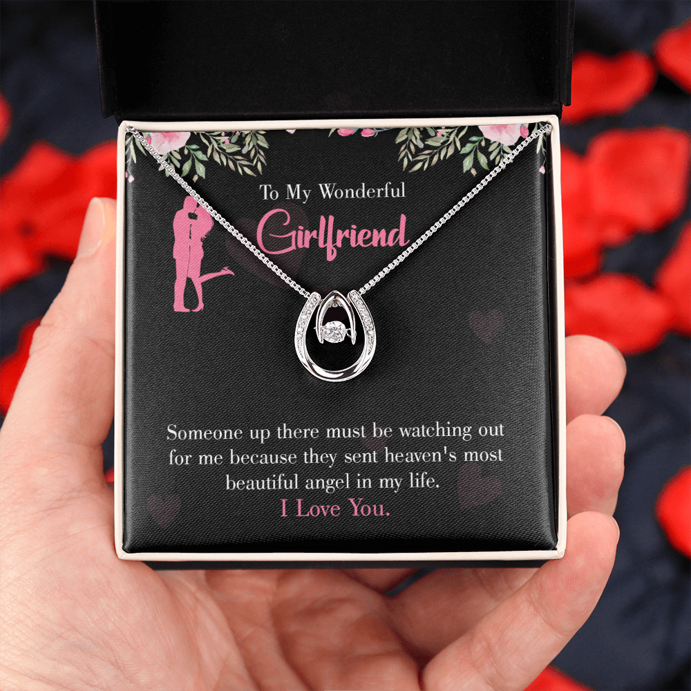 To My Girlfriend Most Beautiful Angel Lucky Horseshoe Necklace Message Card 14k w CZ Crystals-Express Your Love Gifts