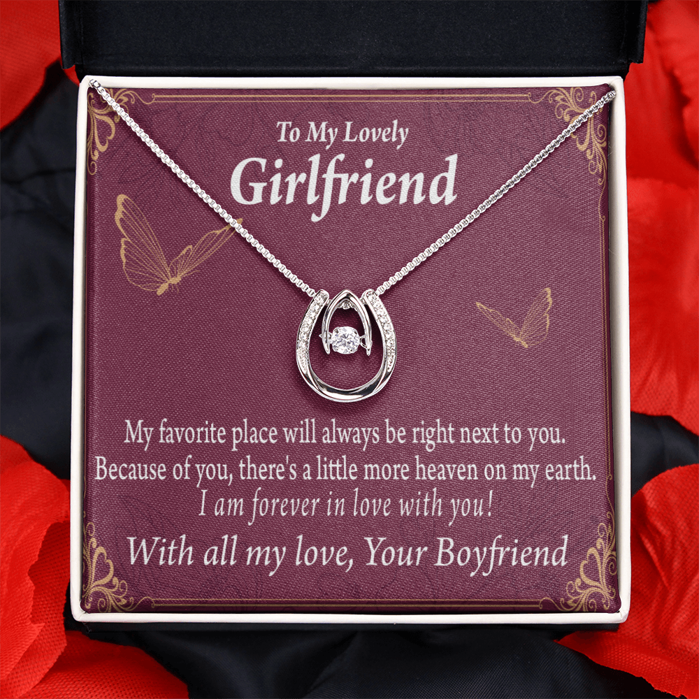 To My Girlfriend My Favorite Place Lucky Horseshoe Necklace Message Card 14k w CZ Crystals-Express Your Love Gifts