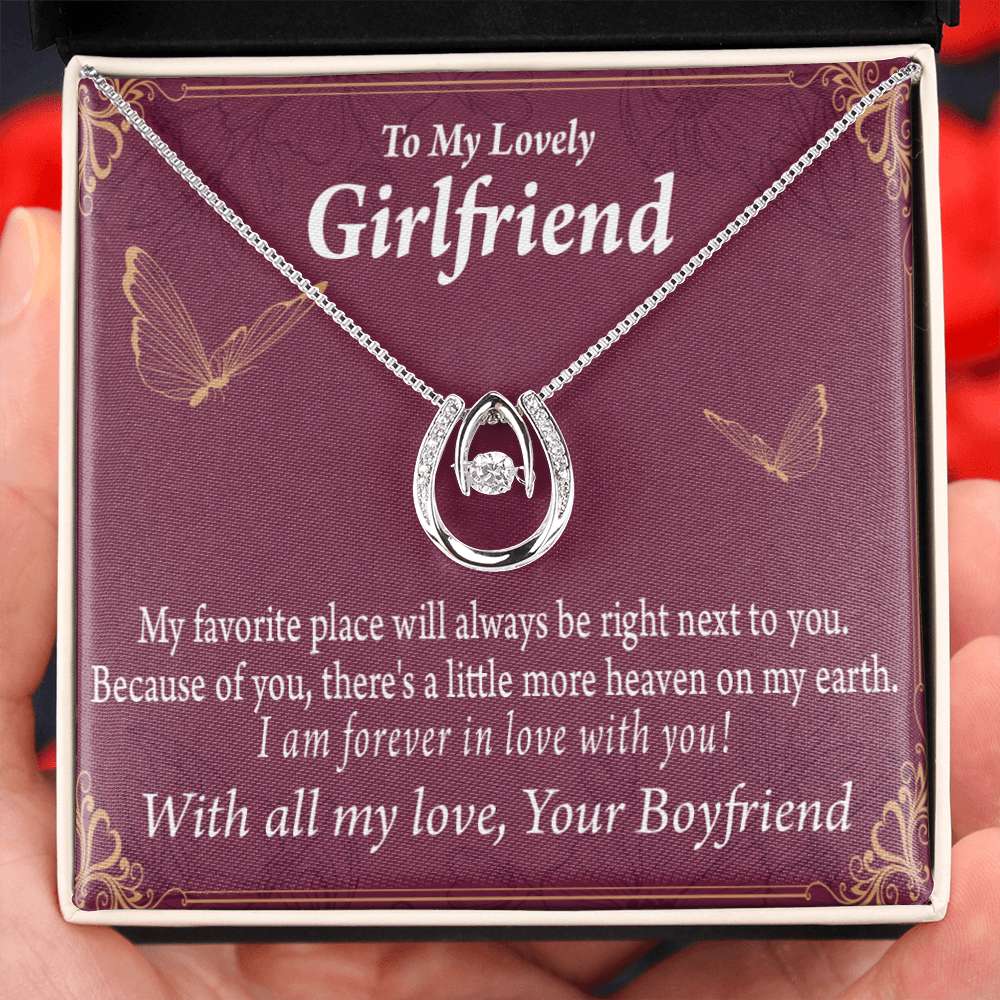 To My Girlfriend My Favorite Place Lucky Horseshoe Necklace Message Card 14k w CZ Crystals-Express Your Love Gifts