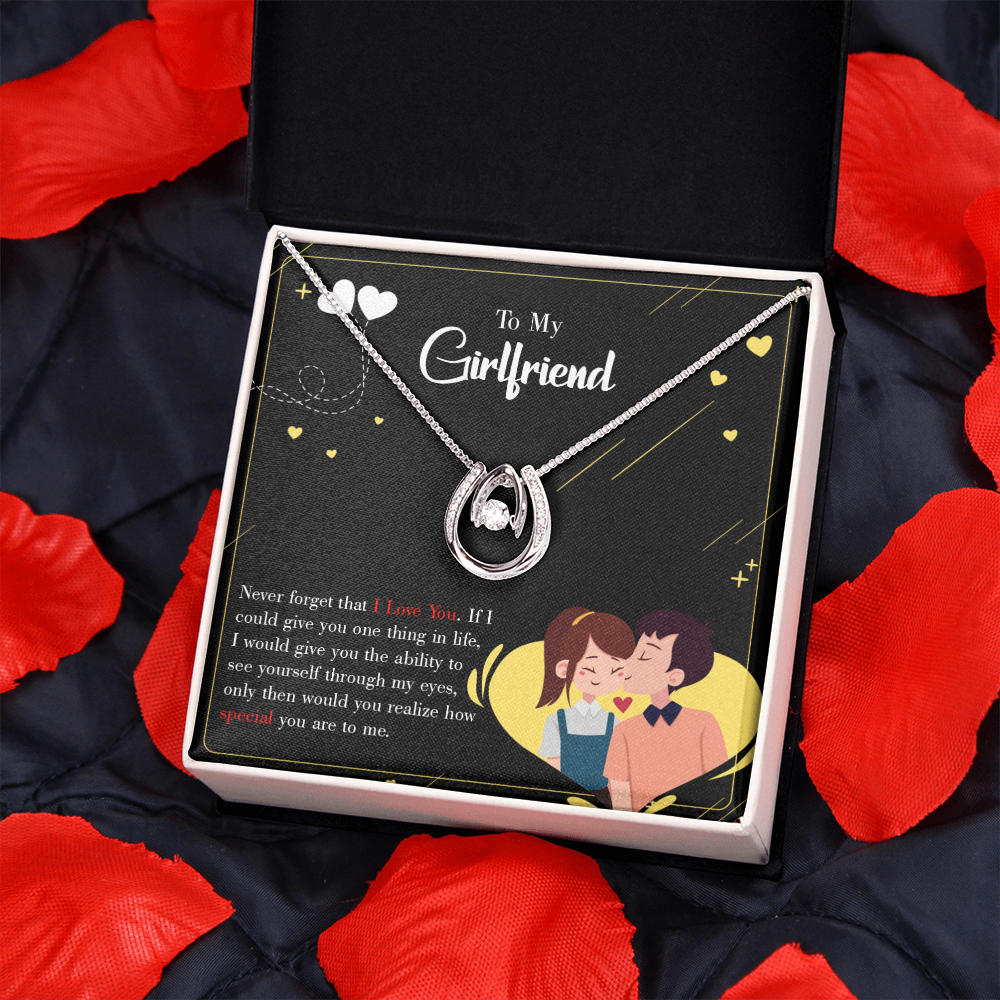 To My Girlfriend Never Forget Lucky Horseshoe Necklace Message Card 14k w CZ Crystals-Express Your Love Gifts