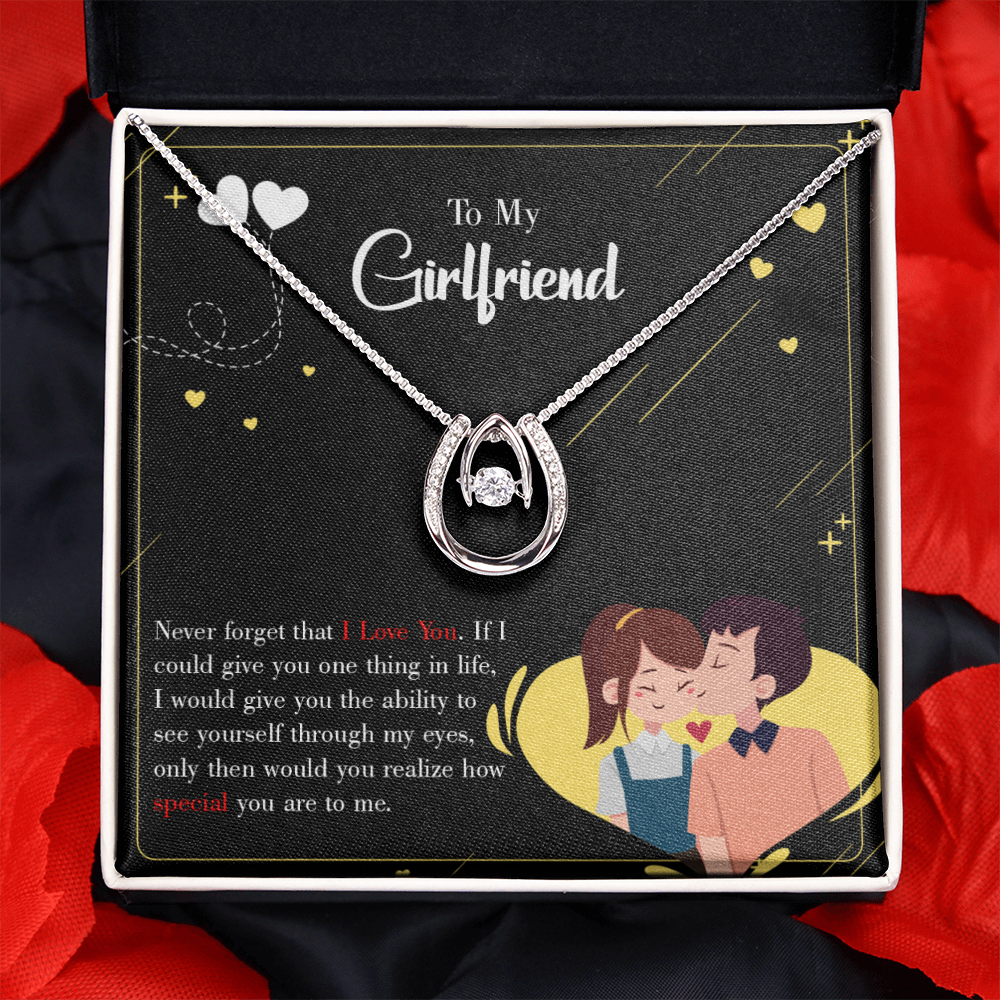 To My Girlfriend Never Forget Lucky Horseshoe Necklace Message Card 14k w CZ Crystals-Express Your Love Gifts