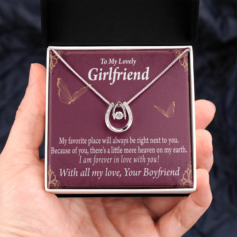 To My Girlfriend Next To You Lucky Horseshoe Necklace Message Card 14k w CZ Crystals-Express Your Love Gifts