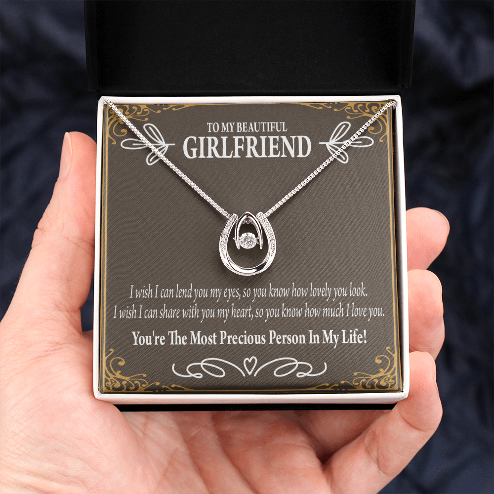 To My Girlfriend Precious Love Lucky Horseshoe Necklace Message Card 14k w CZ Crystals-Express Your Love Gifts