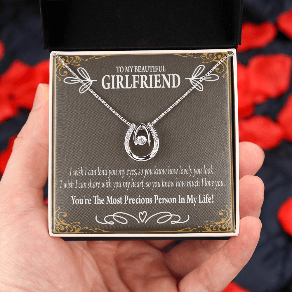 To My Girlfriend Precious Love Lucky Horseshoe Necklace Message Card 14k w CZ Crystals-Express Your Love Gifts
