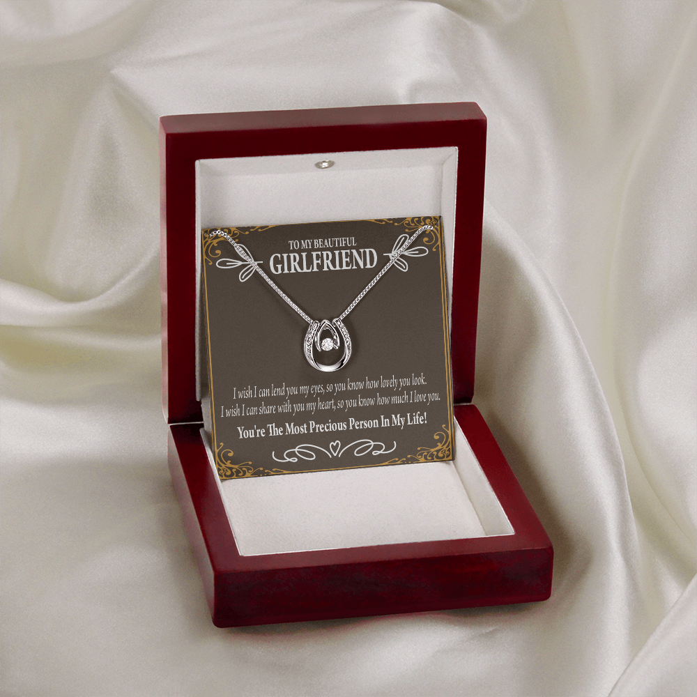 To My Girlfriend Precious Love Lucky Horseshoe Necklace Message Card 14k w CZ Crystals-Express Your Love Gifts