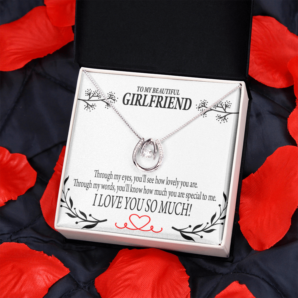 To My Girlfriend Special to Me Lucky Horseshoe Necklace Message Card 14k w CZ Crystals-Express Your Love Gifts