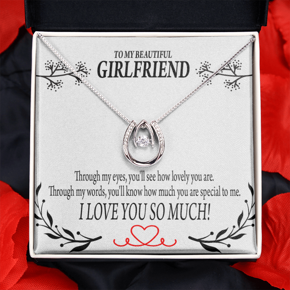 To My Girlfriend Special to Me Lucky Horseshoe Necklace Message Card 14k w CZ Crystals-Express Your Love Gifts