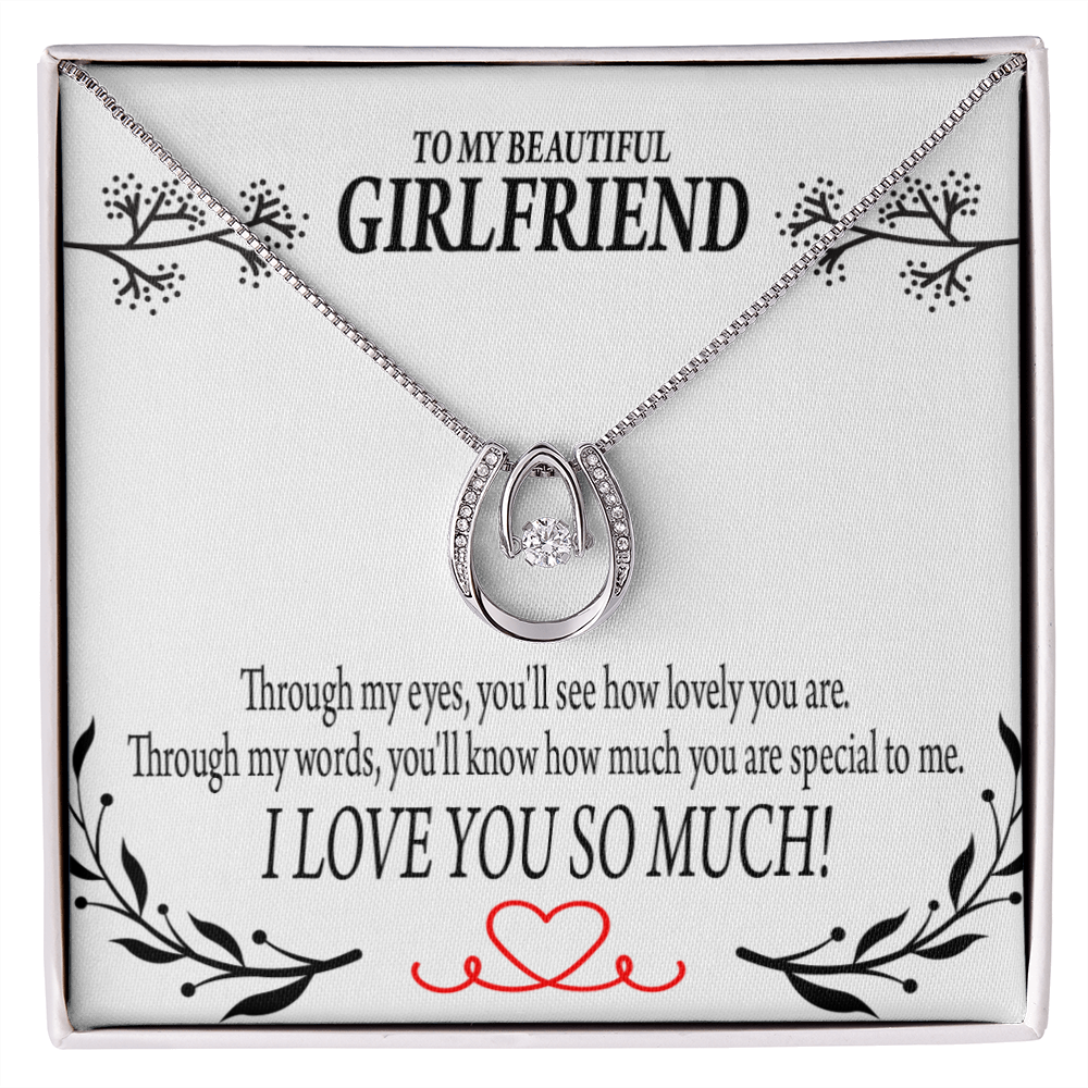 To My Girlfriend Special to Me Lucky Horseshoe Necklace Message Card 14k w CZ Crystals-Express Your Love Gifts