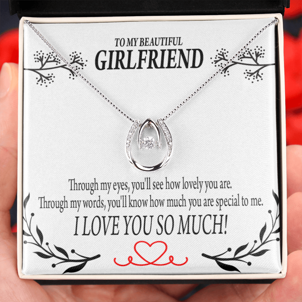 To My Girlfriend Special to Me Lucky Horseshoe Necklace Message Card 14k w CZ Crystals-Express Your Love Gifts