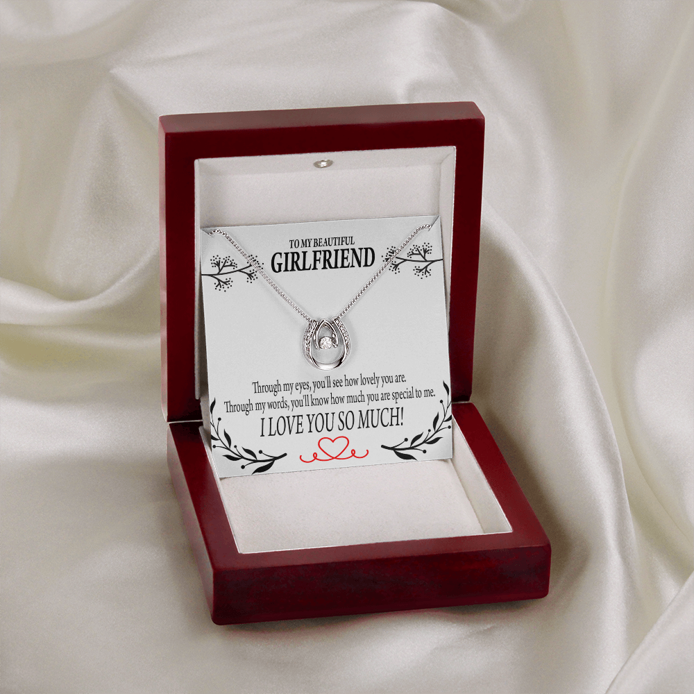 To My Girlfriend Special to Me Lucky Horseshoe Necklace Message Card 14k w CZ Crystals-Express Your Love Gifts