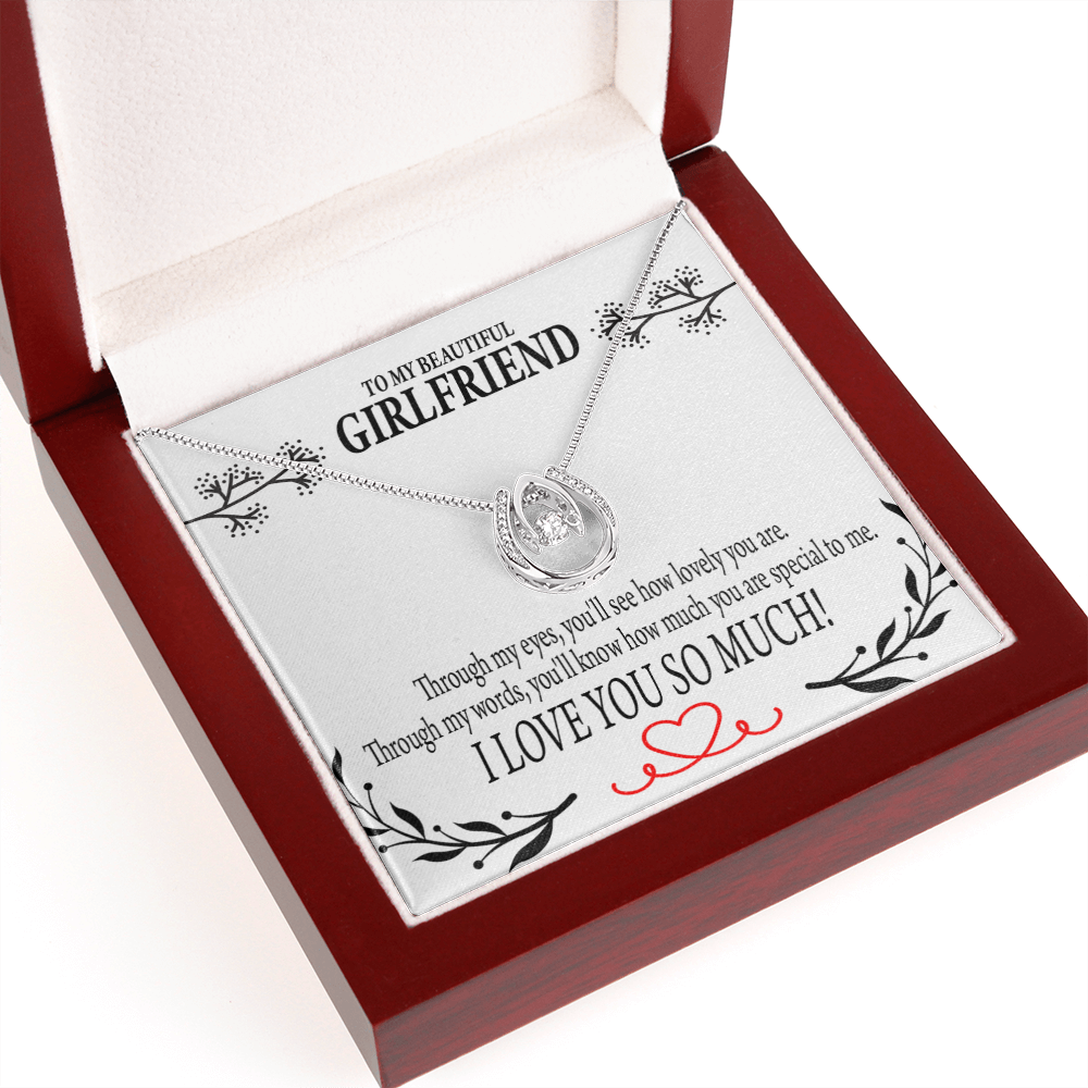 To My Girlfriend Special to Me Lucky Horseshoe Necklace Message Card 14k w CZ Crystals-Express Your Love Gifts