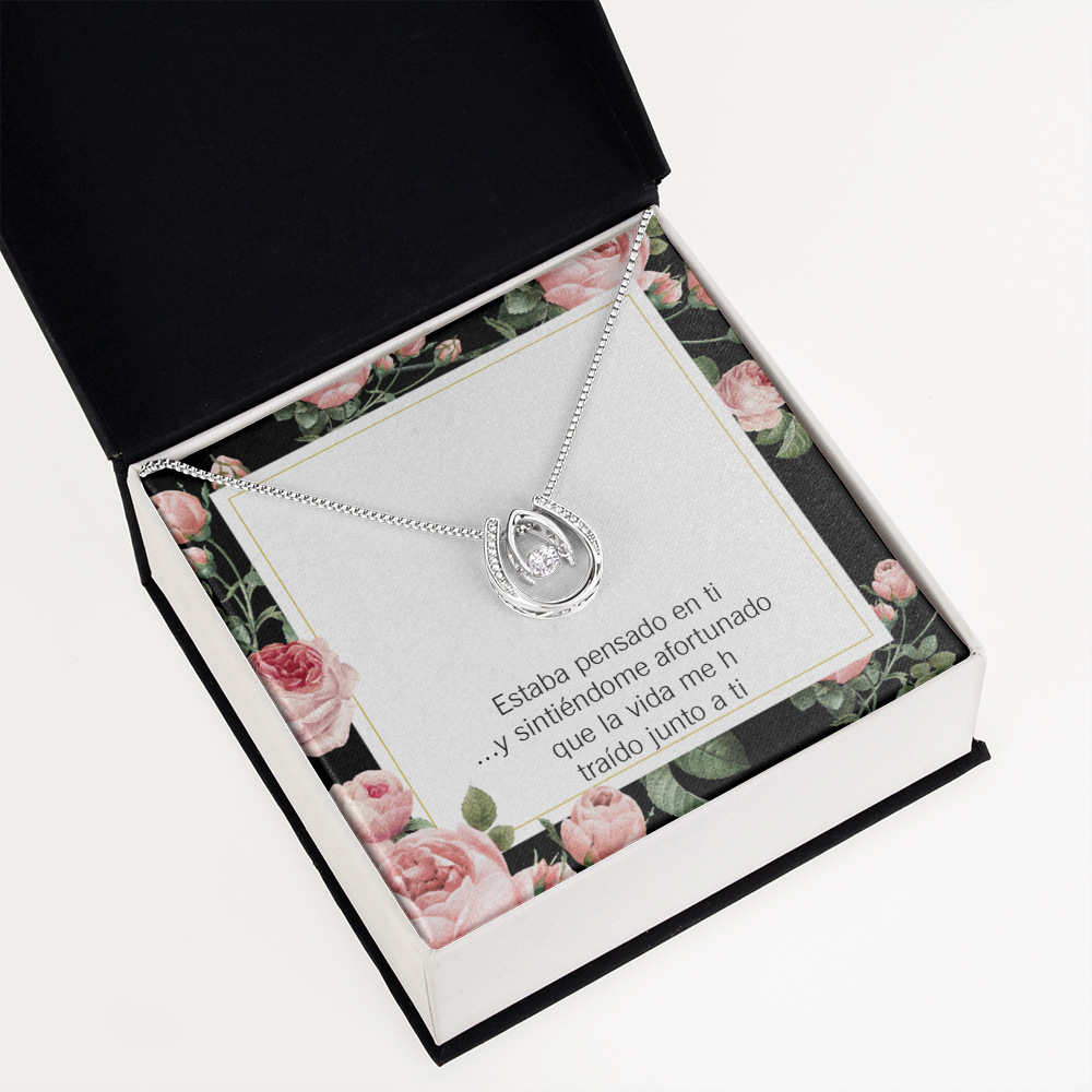 To My Girlfriend Thinking of You Spanish Lucky Horseshoe Necklace Message Card 14k w CZ Crystals-Express Your Love Gifts